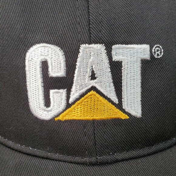 CAT Caterpillar Raised Logo Adjustable Strap Back Curve Bill Style Black Tan Hat - Picture 6 of 11